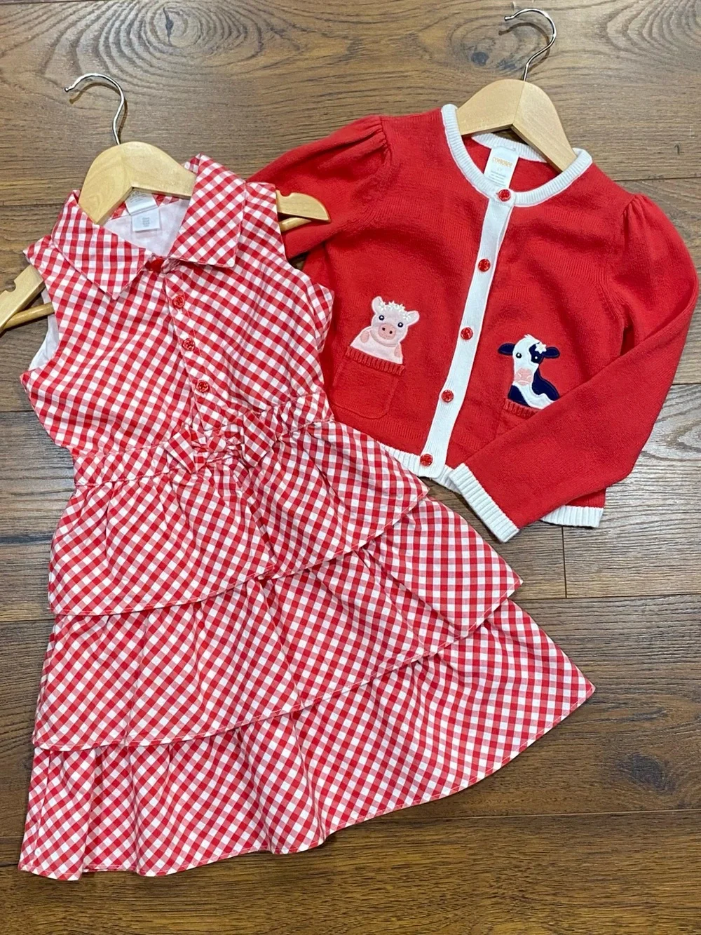 Red Gingham Tiered Dress with Red Cardigan - Farm Animal Appliques